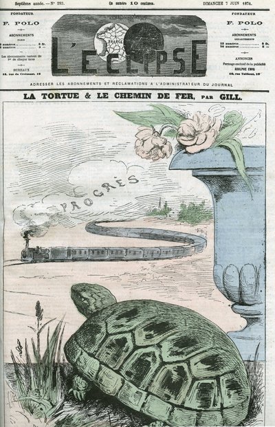 La tortuga y el ferrocarril, una ilustración de los avances tecnológicos de los ferrocarriles. Portada en “L