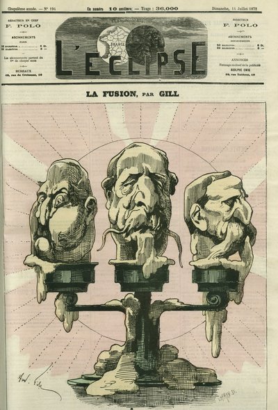La fusión, una ilustración de la constitución de la Asamblea, con realistas, bonapartistas y republicanos. Portada en "L