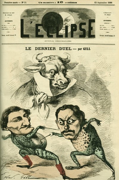 El último duelo, Prospero-Olivier ranas (Prosper Olivier) Lissagaray (1838-1901) y Paul Granier de Cassagnac (1842-1904) queriendo ser tan grandes como el buey, representando a Alfred de Musset y Victor Hugo. Portada en 