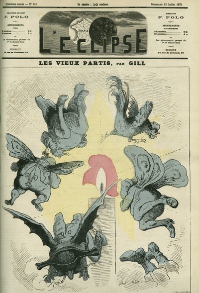 Los viejos partidos políticos de Francia como los Realistas o los Bonapartistas están asustados por la luz de la República. Portada en 