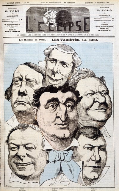 Los retratos de Léonce, Berthelier, Poppy Cadet, Dupuis, Pradeau y Baron, autores de teatro. Caricatura de Gill en "L