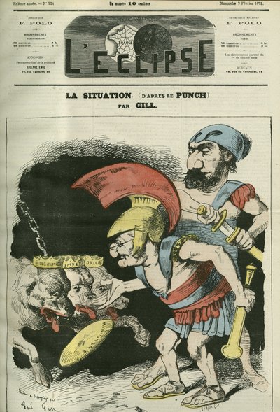 La situación, caricatura de Adolphe Thiers (1797-1877) y Leon Gambetta (1838-1882) dando un ministerio a perros realistas y bonapartistas. Portada en “L