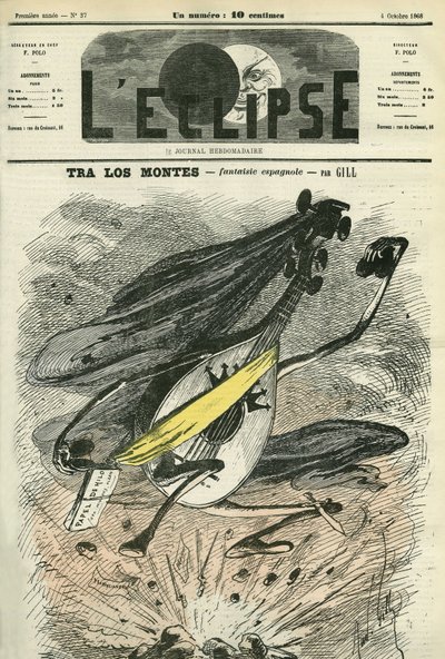 Tra los montes, fantasía española, evocación del difícil contexto político en España. Portada en 