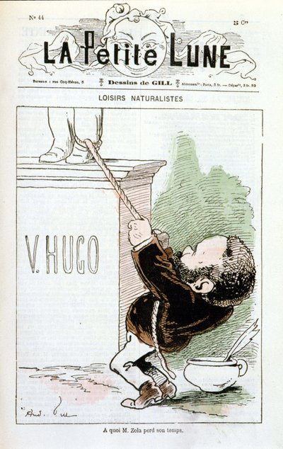 Zola tratando de deshacer la estatua de Hugo - por Gill, en “La Pequeña Luna” de Andre Gill
