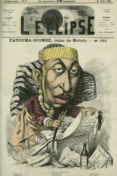Zombe-Fatoum (1836-1878), reina de Moheli en las Comoras, visitando Francia en 1868. También llamada Djombe-Fatouma o Jumbe Fatouma o Jumbe Fatima. Portada en “L