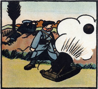 Primera Guerra Mundial 1914-1918 (14-18): Lanzabombas. Un soldado francés lanza bombas al enemigo con un cañón. Grabado en "Alfabeto de la Gran Guerra 1914-1916 (para los hijos de nuestros soldados)". Ediciones Berger-Levrault de Andre Helle