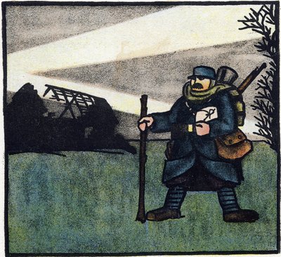 Primera Guerra Mundial 1914-1918 (14-18): Peludo. Retrato de un soldado del ejército francés en uniforme militar con mochila, bolsa y fusil. Grabado en "Abecedario de la Gran Guerra 1914-1916 (para los hijos de nuestros soldados)". Ediciones Berger-Levraul de Andre Helle