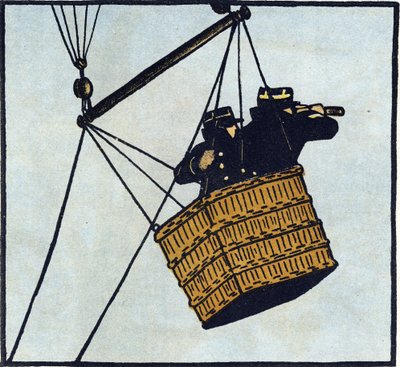 Primera Guerra Mundial 1914-1918 (14-18): Observadores (puesto de observación) del ejército francés en un globo cautivo intentando divisar al enemigo. Grabado en "Alfabeto de la Gran Guerra 1914-1916 (para los hijos de nuestros soldados)". Ediciones Berger de Andre Helle