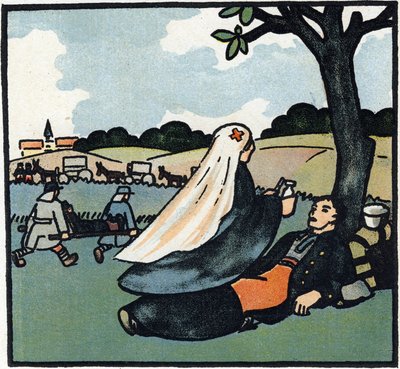 Primera Guerra Mundial 1914-1918 (14-18): Enfermera de la Cruz Roja que viene a atender a los soldados hasta los campos de batalla. Grabado en "Alfabeto de la Gran Guerra 1914-1916 (para los hijos de nuestros soldados)". Ediciones Berger-Levrault de Andre Helle