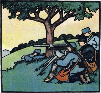 Primera Guerra Mundial 1914-1918 (14-18): Soldados del ejército francés utilizando ametralladoras en los campos de batalla. Grabado en "Alfabeto de la Gran Guerra 1914-1916 (para los hijos de nuestros soldados)". Ediciones Berger-Levrault de Andre Helle