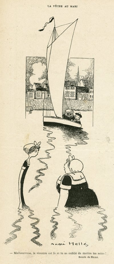 Ilustración de André Helle (1875-1945) en Le Rire, 03/09/10 - La peche au Mari - Ocio, Amor, Náutica Náutica, Obeite, Yachting de Andre Helle