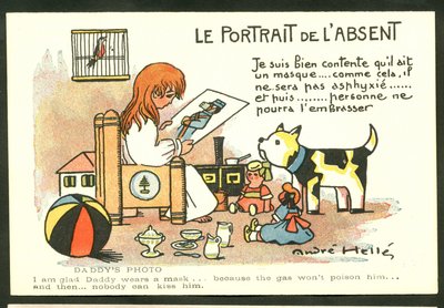 Postal, Satírica en color: El retrato del ausente - Guerra de los 14 -18, Ilustración infantil de André Helle (1875-1945) de Andre Helle