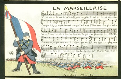 Tarjeta Postal, Satírica en Colores: La Marsellesa - Guerra del 14 -18, Marsellesa, Ilustración cantada de André Helle (1875-1945) de Andre Helle