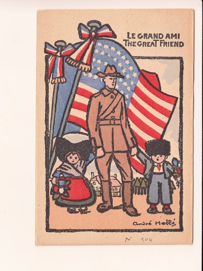 Tarjeta postal, satírica en colores: Le grand ami el gran amigo - Guerra del 14 -18, América, Alsacia Lorena Ilustración de André Helle (1875-1945) de Andre Helle