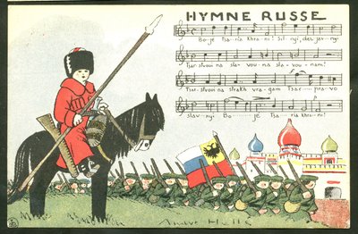 Postal, Satírica en Colores: Himno Ruso - Guerra del 14 -18, Rusia, Cantando - Soldados Ilustración de Andre Helle (1875-1945) de Andre Helle