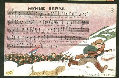 Postal, satírica en colores: Himno serbio - Guerra del 14-18, Canción, Serbia - Soldados Ilustración de André Helle (1875-1945) de Andre Helle