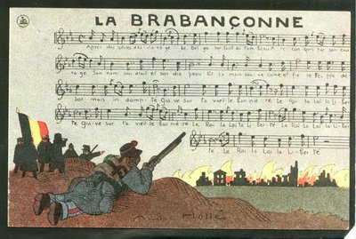 Tarjeta postal, satírica en colores, hacia 1915: La brabanconne - Guerra del 14 -18, Bélgica, Canto - Soldados Ilustración de André Helle (1875-1945) de Andre Helle