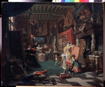 "El estudio del pintor Anthony (Antoon) van Dyck (1599-1641) pintando un retrato" (Sir Anthonis van Dyck pintando un retrato) Pintura de André Plumot (1829-1906) 1853 Museo Regional de Arte, Kaluga Rusia de Andre Plumot