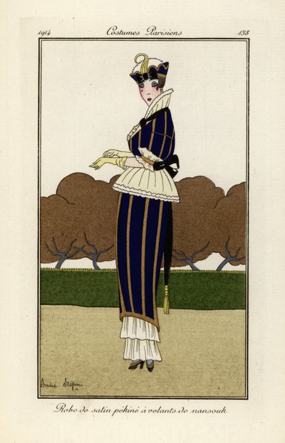 Mujer con vestido de satén de seda a rayas azules y amarillas de Andre Stefan