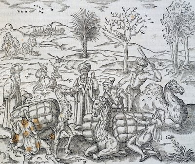 Comerciantes árabes en Siria, grabado de Cosmología Universal, por Andre Thevet de Andre Thevet