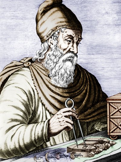 Archimede (287-212 avJC), físico y matemático griego siciliano, grabado documento coloreado de Andre Thevet