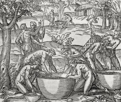 Cap de Frie, mujeres preparando comida, grabado, América del Sur de Andre Thevet