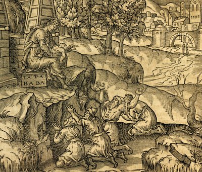 Fiel adorando a la diosa Tata Baba en la región de Moscovia, grabado de Cosmographie Universelle, por André Thevet (1504-1592), París de Andre Thevet