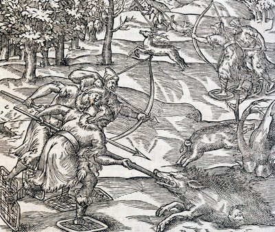 Indios cazando jabalíes, grabado de Cosmología Universal, por André Thevet, París de Andre Thevet