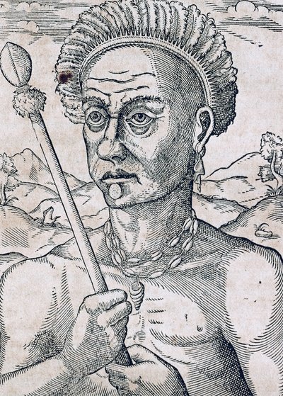 Rey Quoniambec, Brasil, grabado de la Cosmología Universal de Andre Thevet