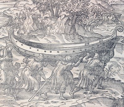 Lapones llevando sus botes de un lugar a otro, grabado de la Cosmología Universal, por André Thevet (1504-1592), París de Andre Thevet