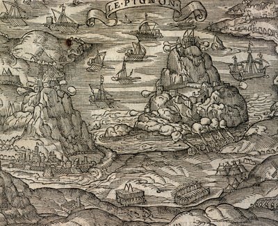 Batalla naval cerca de la isla Le Pignon, grabado de Cosmographie universelle, por André Thevet (1504-1592), París de Andre Thevet