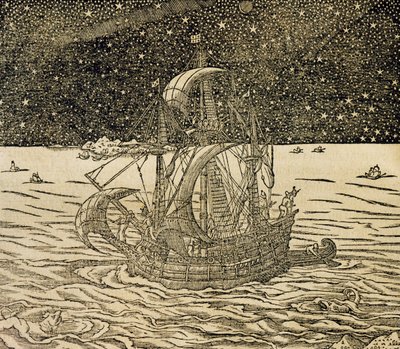 Marineros siguiendo la ruta del norte, grabado de Cosmología Universal, por Andre Thevet (1504-1592), París de Andre Thevet