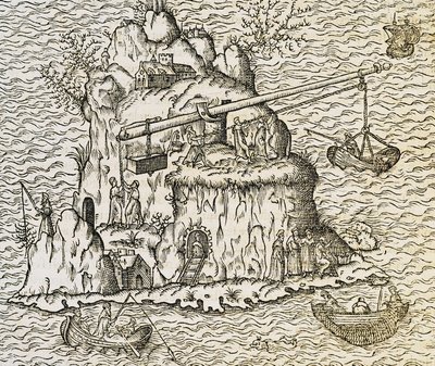 Técnica de transporte de barcos en la Isla de Creta, grabado de La Cosmographie Universelle, por Andre Thevet de Andre Thevet