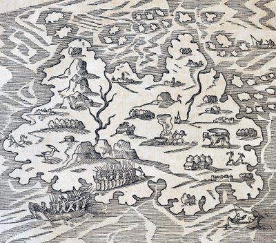 Isla de la Trinidad, grabado de Cosmología Universal de Andre Thevet