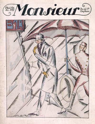 Hombre con gabardina, portada de la revista "Monsieur", nº 24, pub. diciembre de 1921 (impresión en pochoir) de Andre de Roux