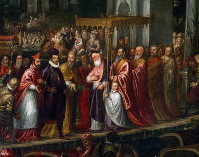 Dogo Mocenigo y Patriarca Trevisan dando la bienvenida a Enrique III en el Lido en 1574 de Andrea Vicentino