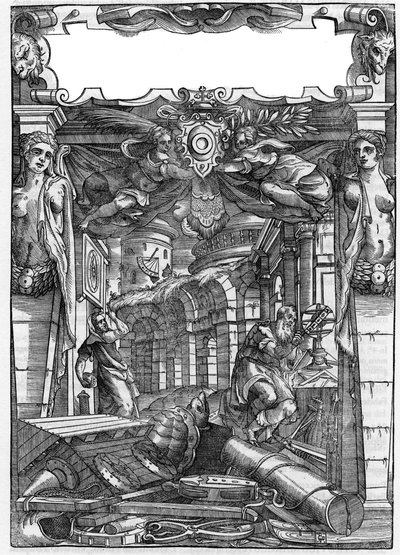 Placa tomada del libro “De architectura”, trata sobre la arquitectura de Marcus Vitrubius Pollio llamado Vitruvio (siglo I a.C.), arquitecto romano. Edición italiana de 1556. Grabado según dibujo de Palladio de Andrea (after) Palladio