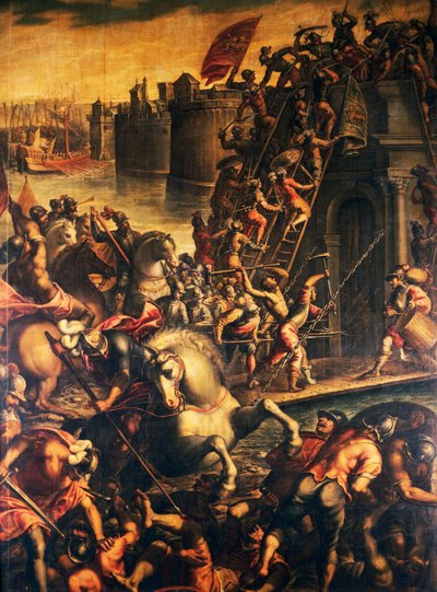 Dux de Venecia Enrico Dandolo y sus cruzados asaltando la ciudad de Zadar en 1202, óleo sobre lienzo de Andrea Michieli (circa 1542-circa 1617), Cuarta Cruzada, Croacia de Andrea (c.1542 c.1617) Michieli