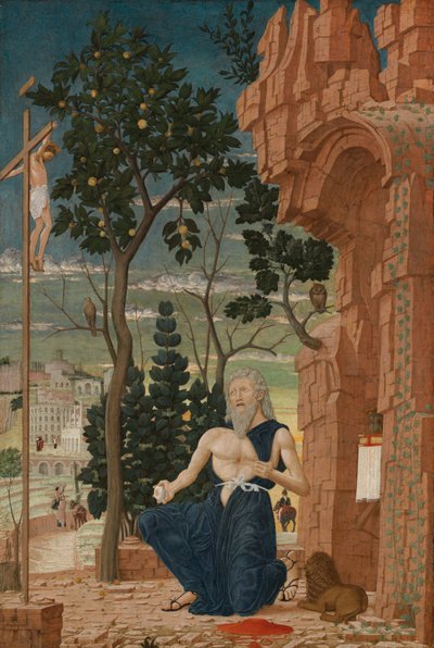 San Jerónimo en el desierto, c.1475 (temple sobre tabla de álamo) de Andrea (follower of) Mantegna