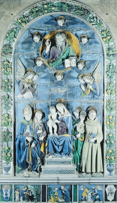 Madonna y Niño con cuatro santos, en Italia, Arezzo, Catedral de Andrea (workshop of) Della Robbia
