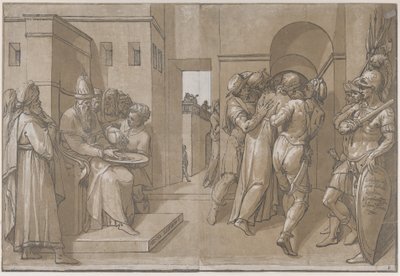 Pilato a la izquierda lavándose las manos, 1585 de Andrea Andreani