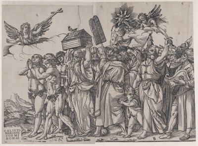 Sección A: un ángel sosteniendo una cruz en la parte superior izquierda, Adán y Eva abajo, del Triunfo de..., 1836 de Andrea Andreani