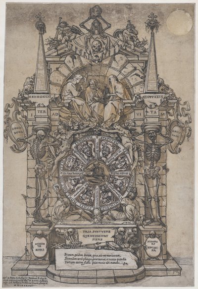 Triunfo de la Muerte con tres destinos en un marco arquitectónico sobre una rueda de la fortuna, 1588 de Andrea Andreani