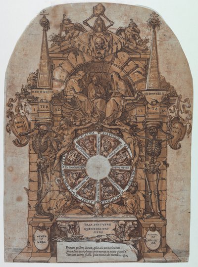 Triunfo de la Muerte con tres destinos en un marco arquitectónico sobre una rueda de la fortuna flanqueada por esqueletos; una calavera y un reloj de arena en la parte superior y con la rueda destinada a girar en el centro de Andrea Andreani
