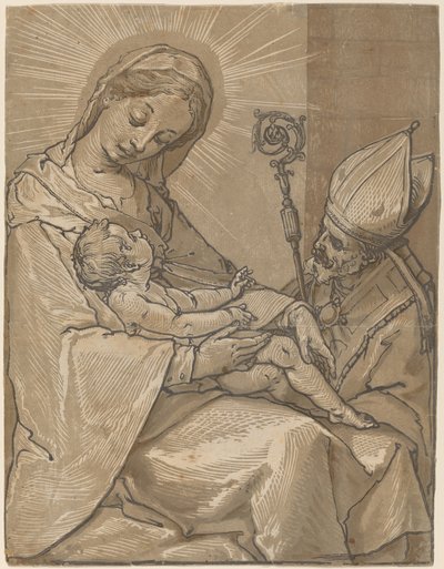 Madonna y niño con un obispo de Andrea Andreani after Alessandro Casolani