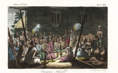 Ceremonia matrimonial hindú brahmánica o Bibaha celebrada en casa de la esposa. Plancha de cobre coloreada a mano dibujada y grabada por Andrea Bernieri según François Solvyns de la obra de Giulio Ferrario Trajes antiguos y modernos de todos los pueblos de de Andrea Bernieri