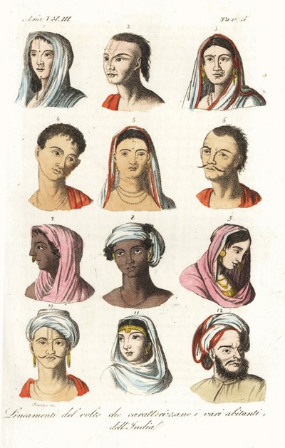 Retratos de diferentes castas indias: Brahmanes 1,2, Kshatriyas o Khatri, casta mercantil punjabí 3,4, Vaisyas 5,6, Sudras 7,8, hindúes de la Alta India 9,10, y mogoles 11,12. Grabado en cobre coloreado a mano de Andrea Bernieri según François Solvyns. de Andrea Bernieri