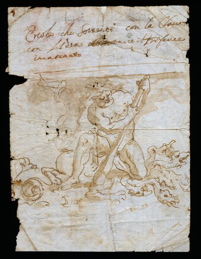Boceto de diseño para soporte de jarrón, base que representa a Hércules con Hidra y Cerbero, Andrea Brustolon, Italia de Andrea Brustolon