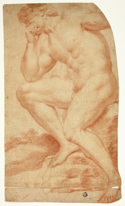 Desnudo académico masculino sentado de perfil a la izquierda de Andrea Camassei