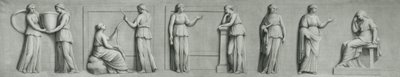 Un panel grisalla que representa figuras femeninas, incluidas musas de Andrea Casali